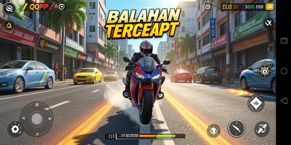 Screenshot gameplay QQRP menampilkan aksi balapan motor yang mendebarkan.